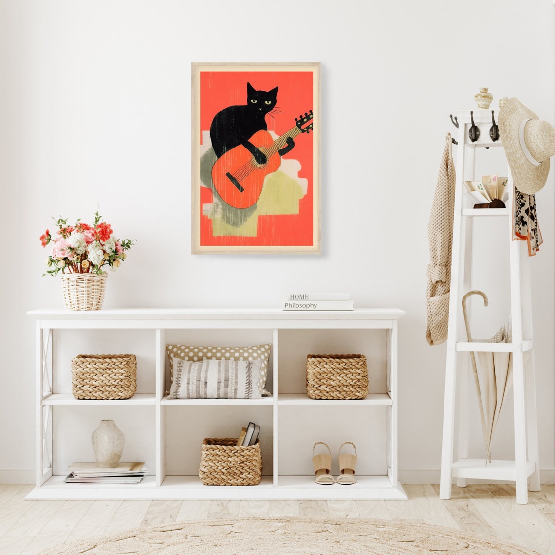 Retro Black Cat Playing an Acoustic Guitar Kitty Music Poster - Image 3