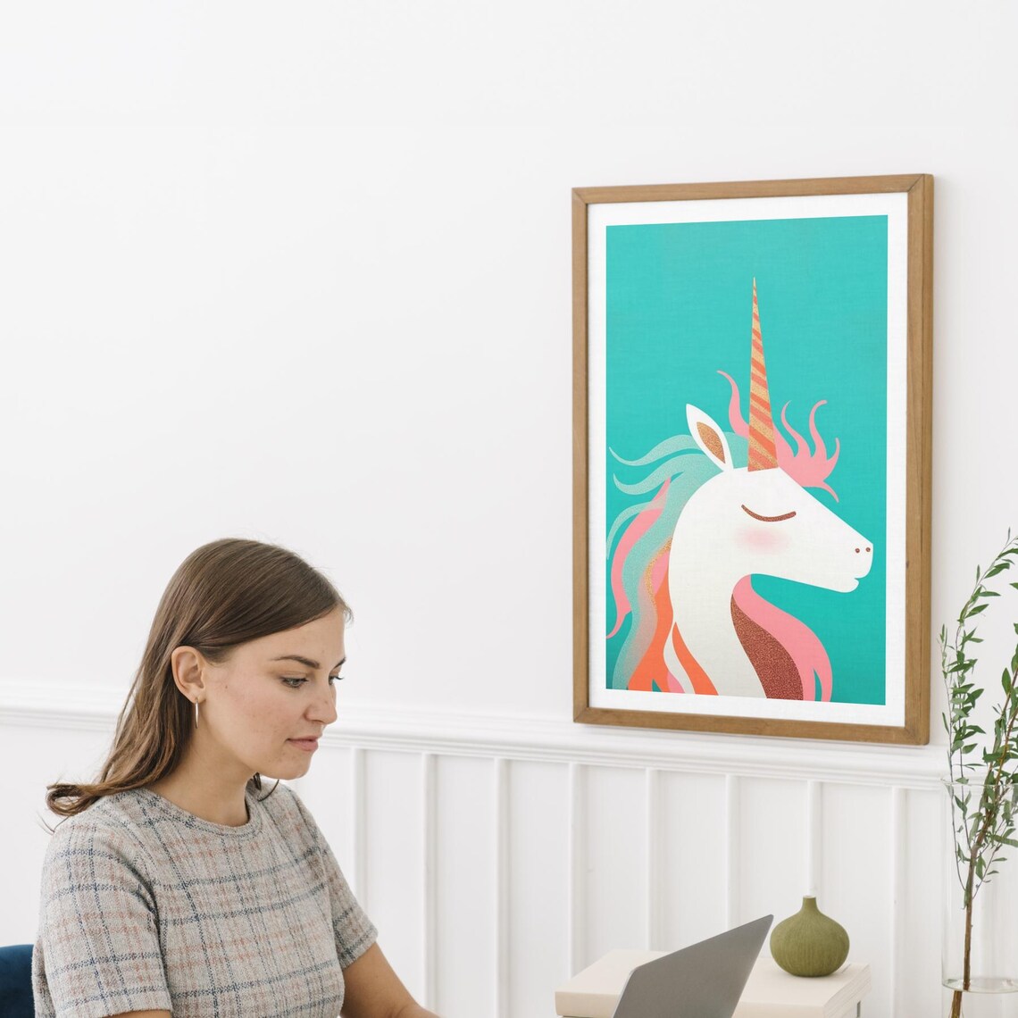 Whimsical Pastel Unicorn Portrait on Turquoise Dreamy Nursery Poster - Image 4
