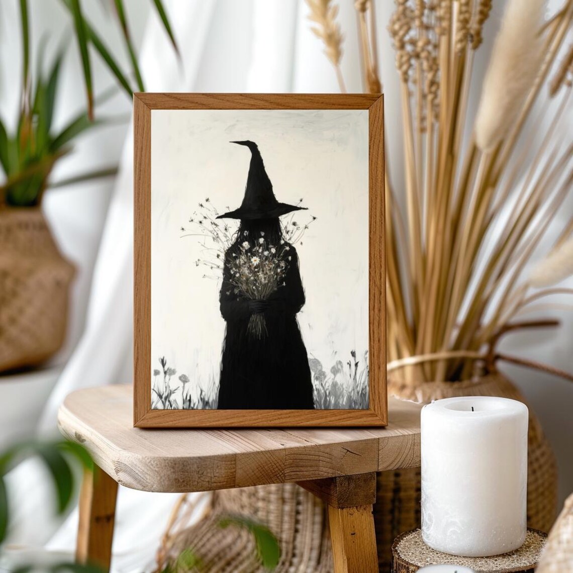 Gothic Witch Holding Wildflowers Dark Academia Silhouette Poster - Image 2