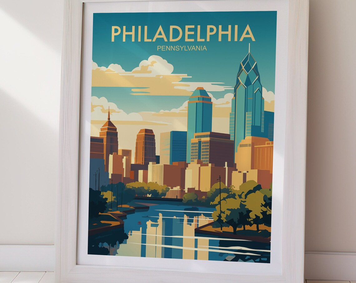 Philadelphia Pennsylvania City Skyline Sunset Retro Travel Poster - Image 2