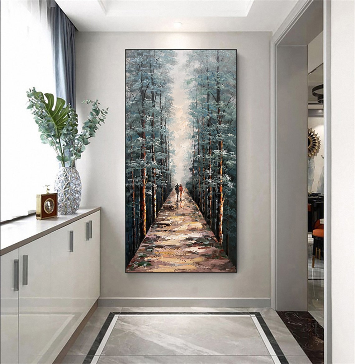 Couple Walking Forest Path Tall Trees Impasto Oil Painting Wall Art