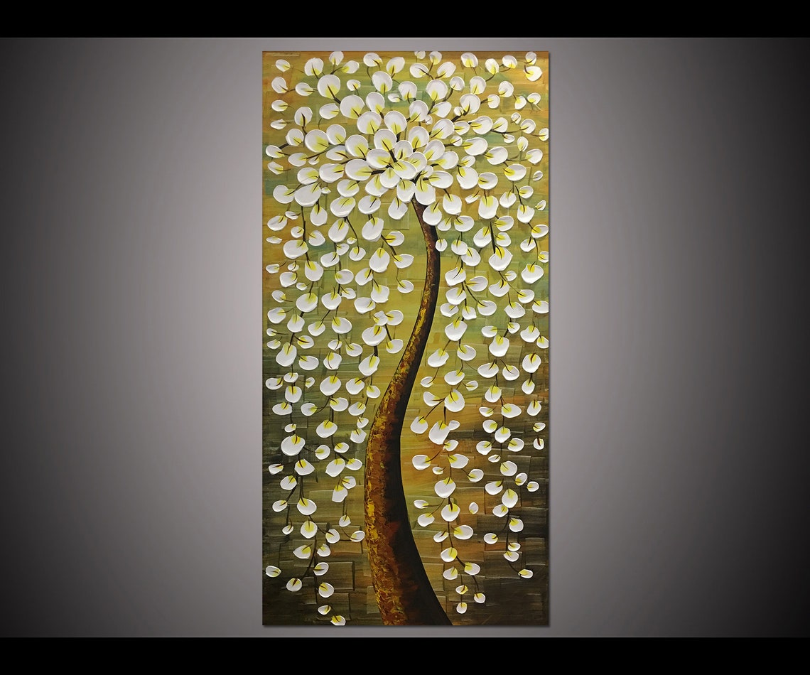 White Gold Weeping Blossom Tree On Warm Olive Canvas Oil Poster