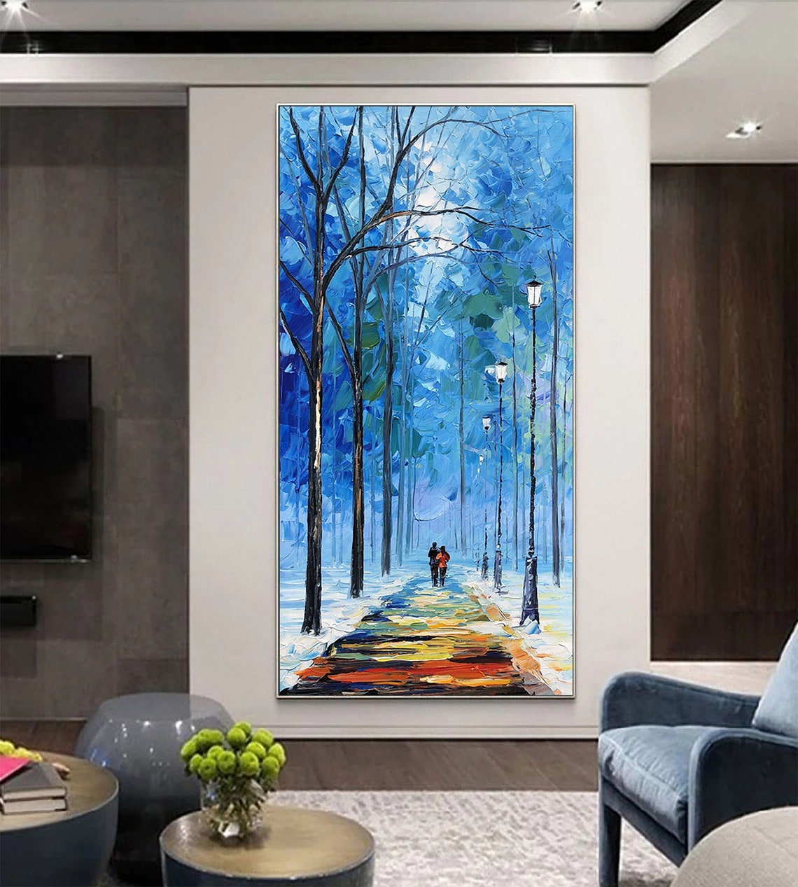 Hand Painted Couples Painting Art Blue Wall Art Landscape Oil Painting For Living Room Wall Decor Palette Knife Art Painting Spiritual Art - Image 5