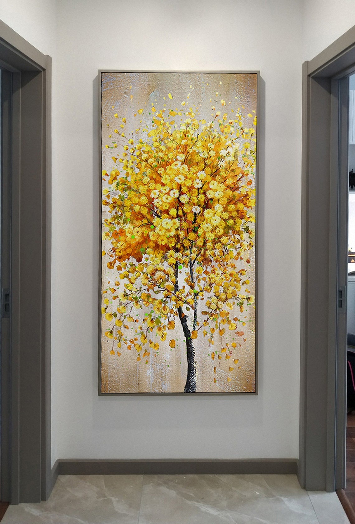 Golden Yellow Flowering Tree On Champagne Background Art Poster - Image 4