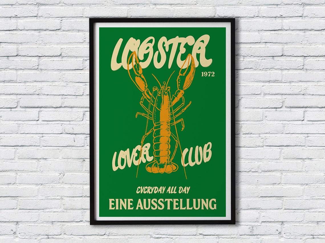 Lobster Lover Club 1972 Green Retro Seafood Exhibition Art Poster