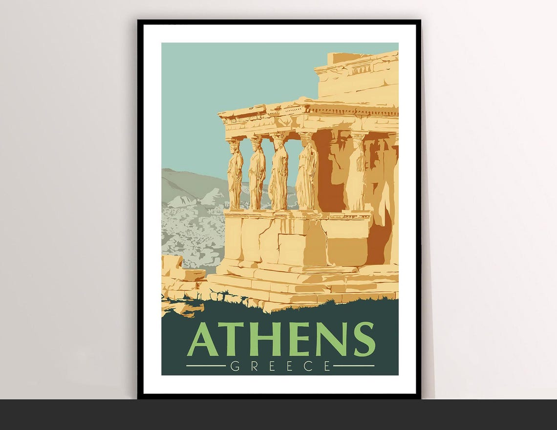 Athens Greece Vintage Travel Poster Acropolis Caryatids Greek Art