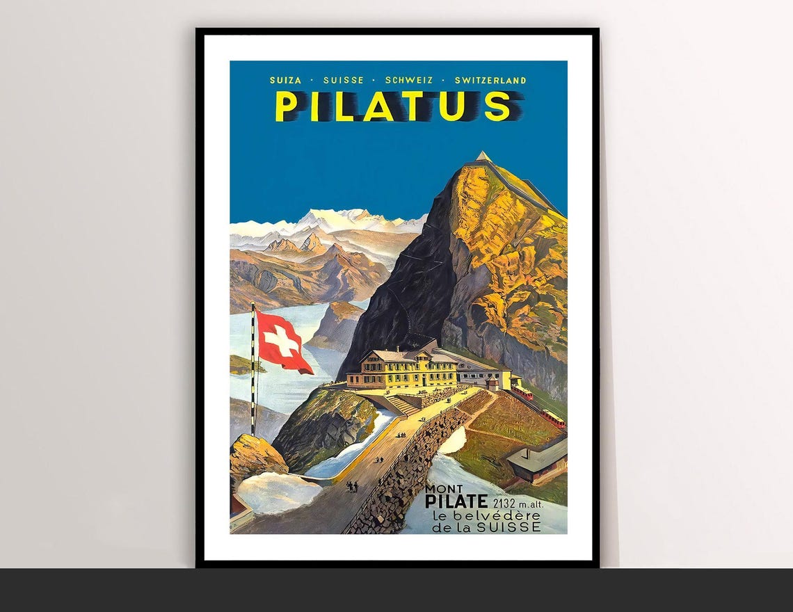 Pilatus Switzerland Vintage Mountain Travel Poster Swiss Flag