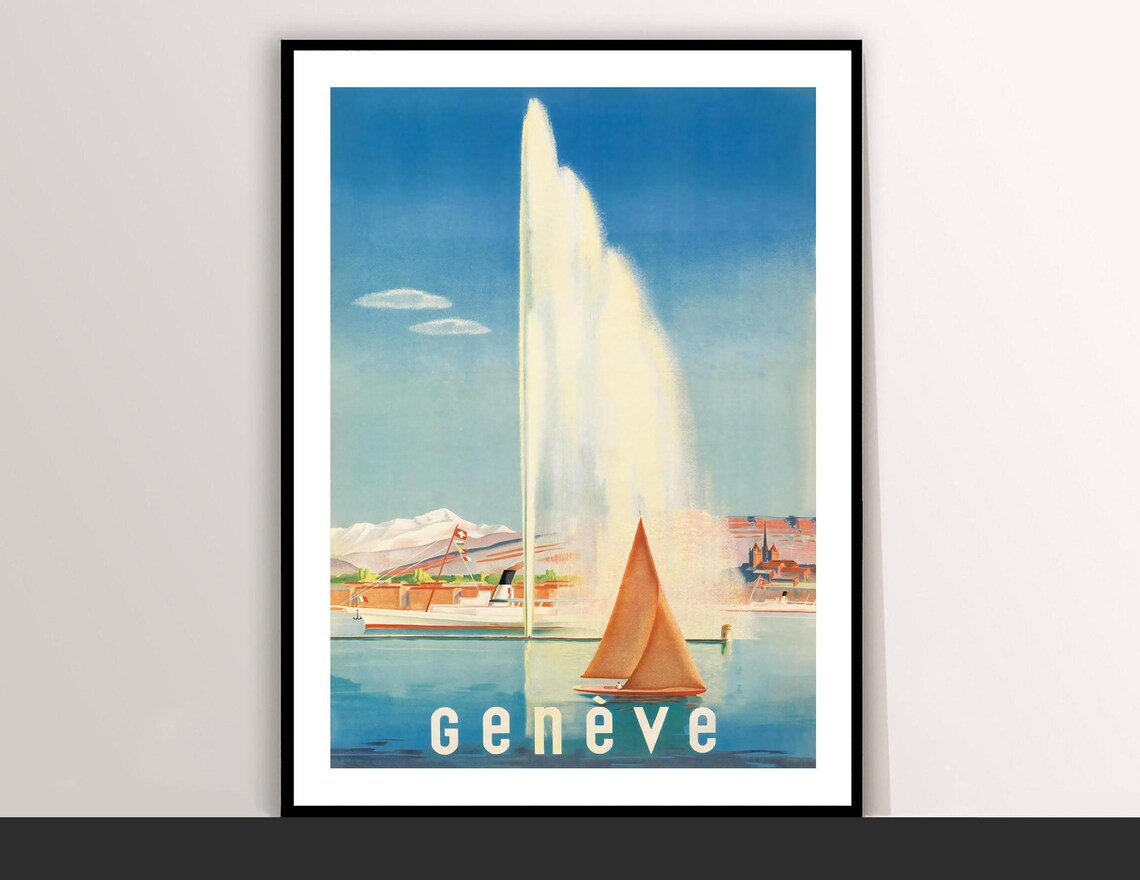 Geneve Switzerland Jet d'Eau Fountain Sailboat Vintage Travel Poster