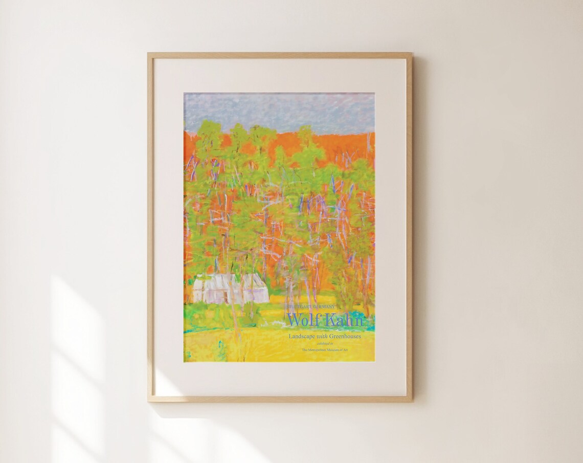 Wolf Kahn Landscape with Greenhouses Orange Sky Trees Art Print