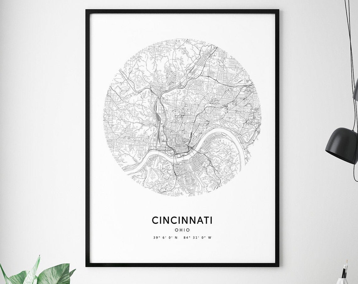 Cincinnati Ohio Black Framed Circular Street Map Minimalist Poster
