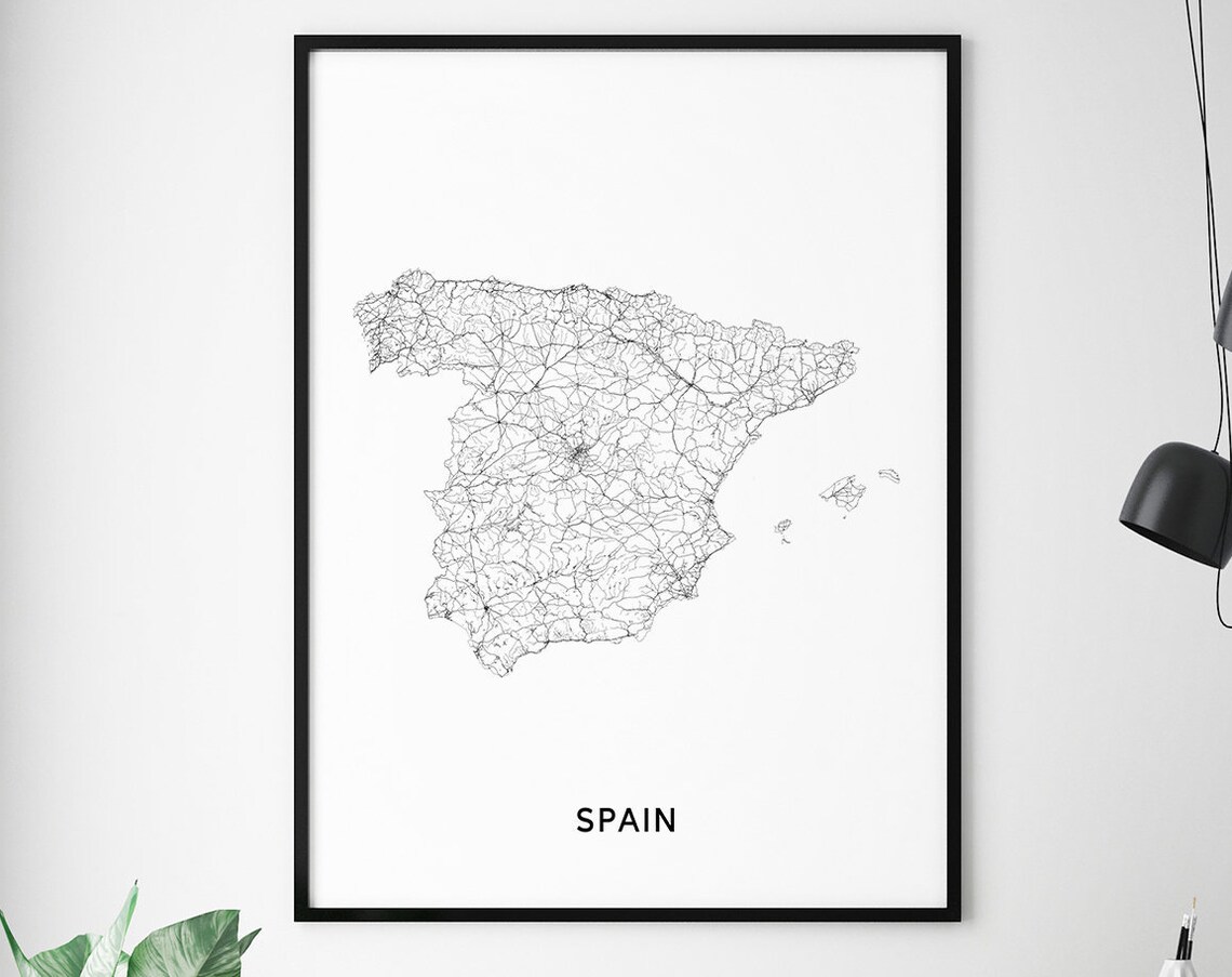 Spain Map Print, Black White Modern Home Office Decor