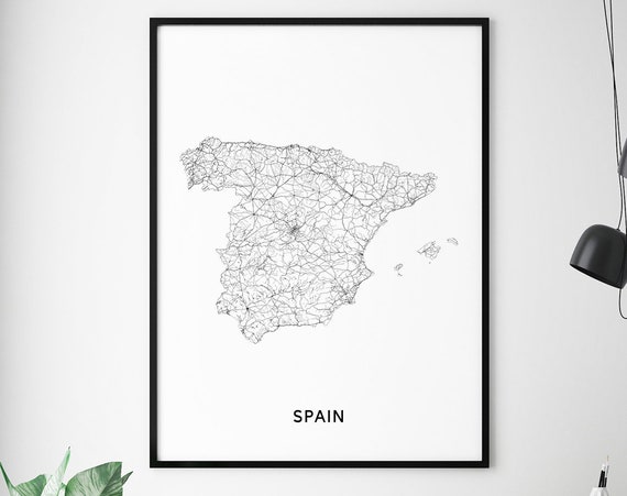 Spain Map Print, Black White Modern Home Office Decor