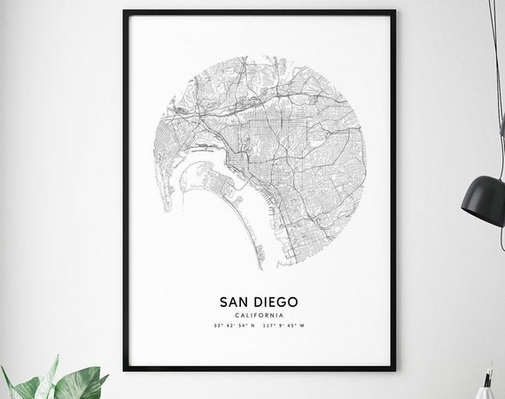 San Diego Map Print Usa Art Poster City Street Road Black White Modern Wall Office Decor