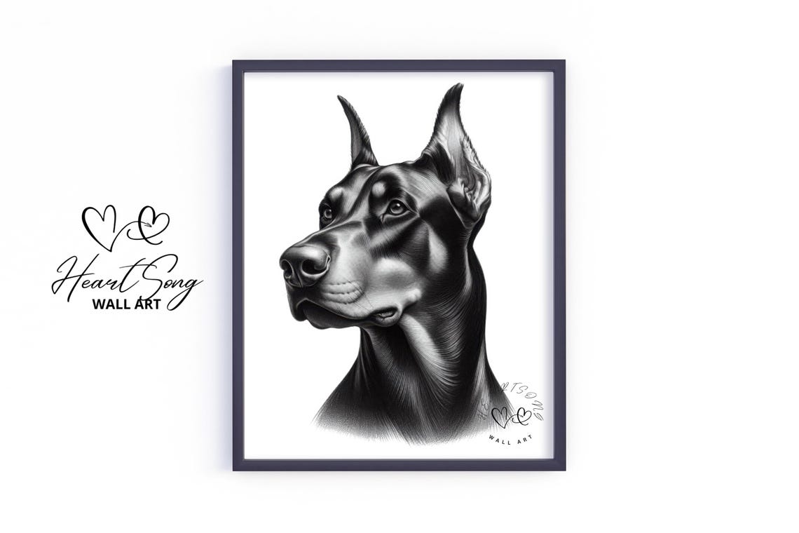 Doberman Pencil Sketch Breed Portrait Noble Profile Black White Poster