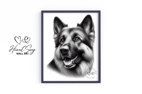 German Shepherd Winter Holiday Decor Cozy Cottage Rustic Dog Art Print Vintage Pencil Sketch Moody Wall V463