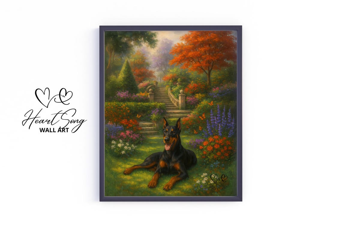 Doberman Pinscher Lying In Autumn Flower Garden Painting Poster