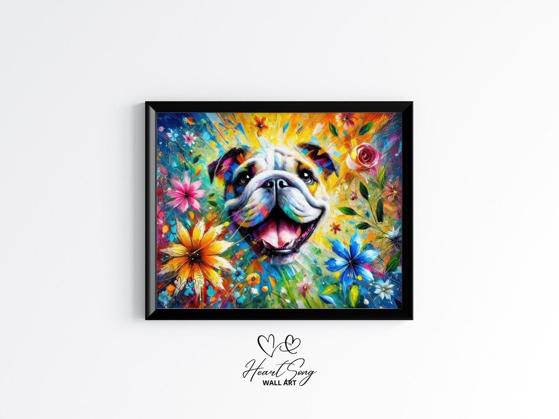 Bulldog Pop Art Dog Portrait with Colorful Wildflowers Poster