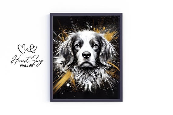 Brittany Spaniel Dog Wall Art Moody Black And Gold Pet Portrait Vintage Print Stylish Elegant Animal Artwork 345