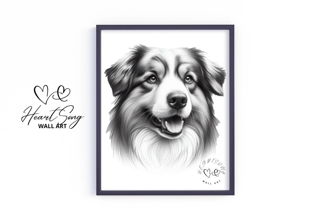 Australian Shepherd Pencil Sketch Portrait Wall Art for Dog Lovers
