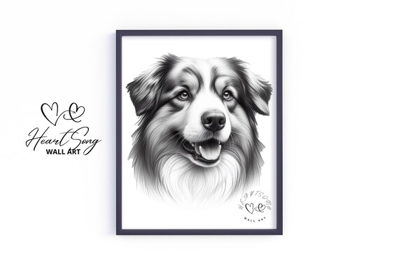 Australian Shepherd Pencil Sketch Portrait Wall Art for Dog Lovers