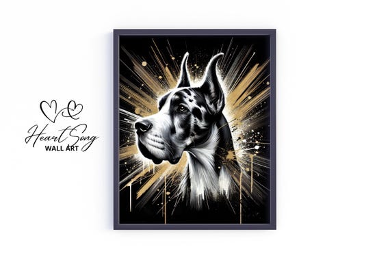 Great Dane Wall Art Moody Black And Gold Dog Portrait Vintage Stylish Pet Print Elegant Decor For Home 358