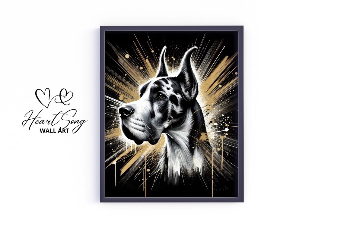 Great Dane Moody Black and Gold Vintage Style Dog Portrait Poster