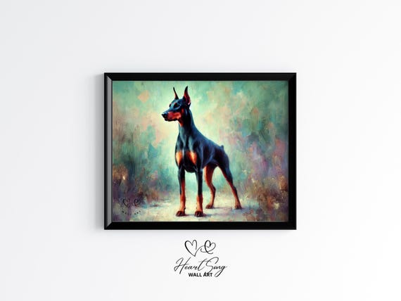 Doberman Pinscher In Forest Haze Moody Spring Dog Wall Art Rustic Country Decor Impressionist Painting Pet Print 652