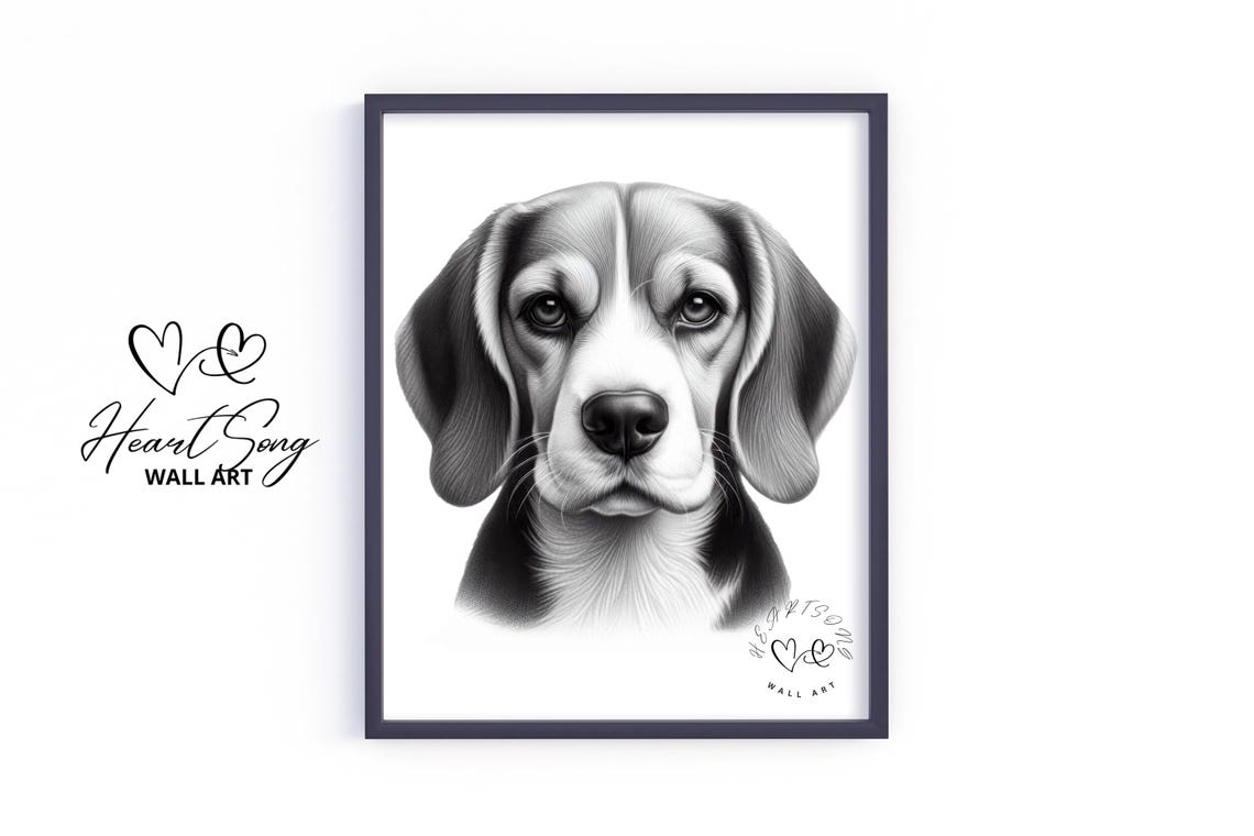 Beagle Soulful Eyes Black and White Pencil Sketch Dog Portrait Poster