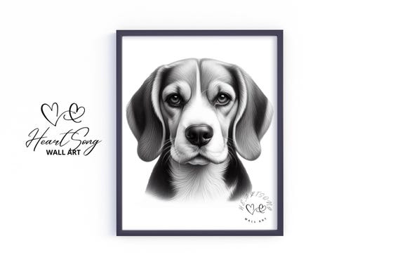 Beagle Rustic Cottage Vintage Print Country Wall Art Moody Pencil Sketch Nature Inspired Dog Decor V441
