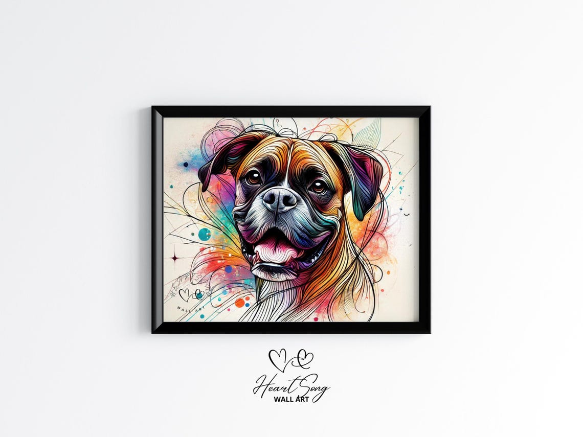Boxer Dog Rainbow Watercolor Splash Fine Line Art Portrait Poster