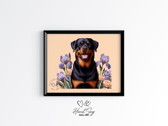 Rottweiler Rustic Floral Dog Art Pet Portrait Moody Country Wall Decor Vintage Painting 186