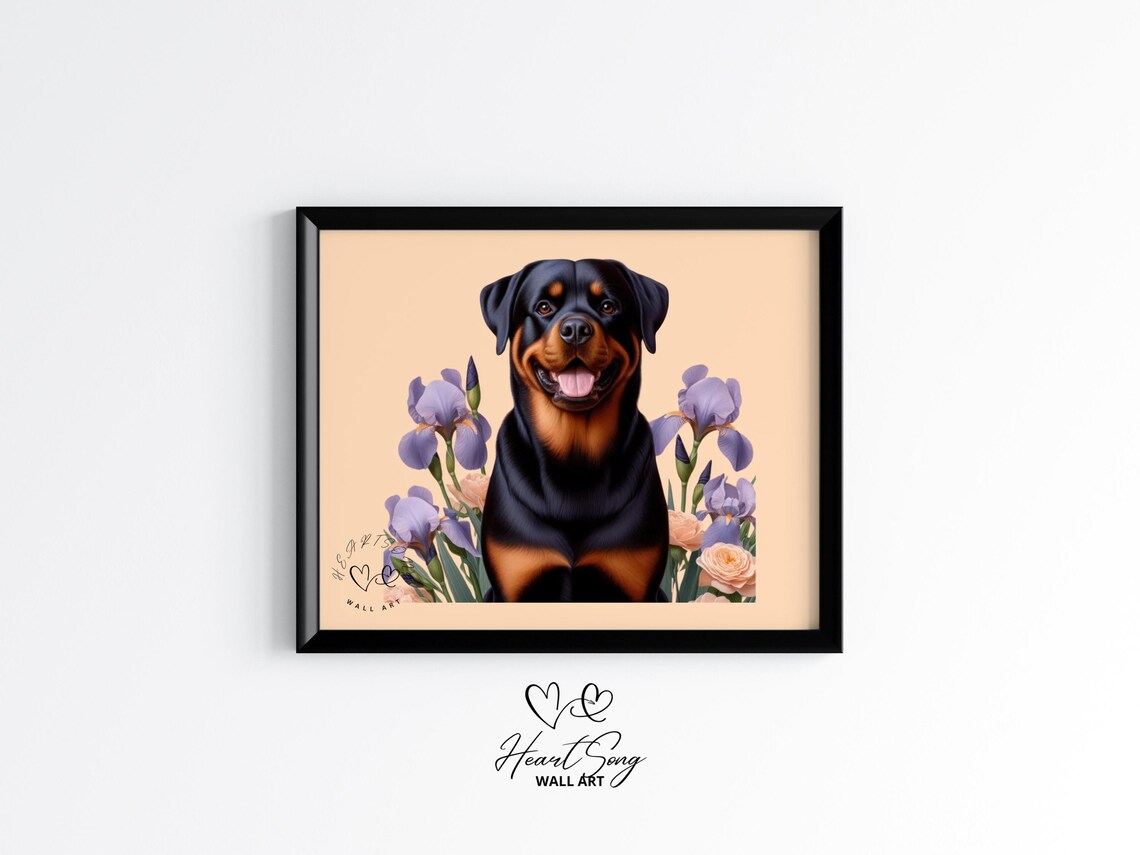 Happy Rottweiler Dog Portrait Purple Irises Floral Art Poster