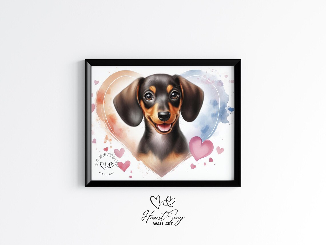 Dachshund Puppy Watercolor Heart Painting Cute Dog Portrait Poster