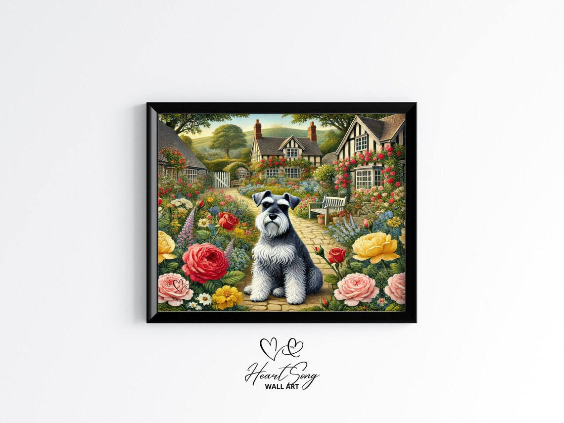 Miniature Schnauzer Cottage Garden Floral Vintage Dog Poster