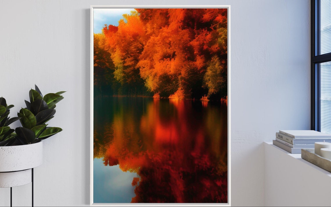 Autumn Lake Reflection Landscape Poster with Fiery Orange Trees