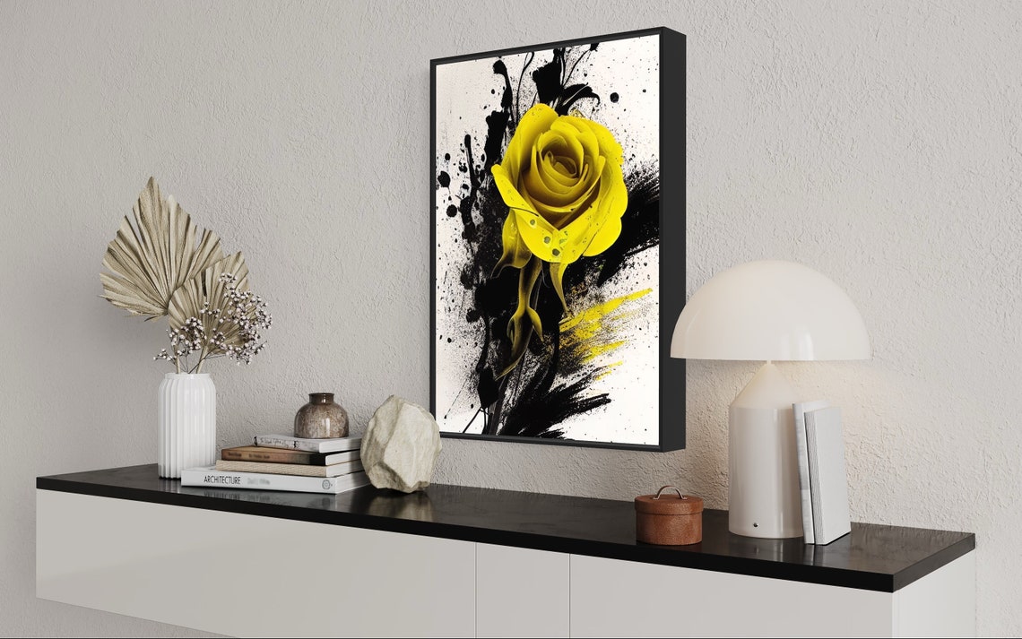 Yellow Rose on Black Ink Splatter Art Poster with Dramatic Contrast - Image 3