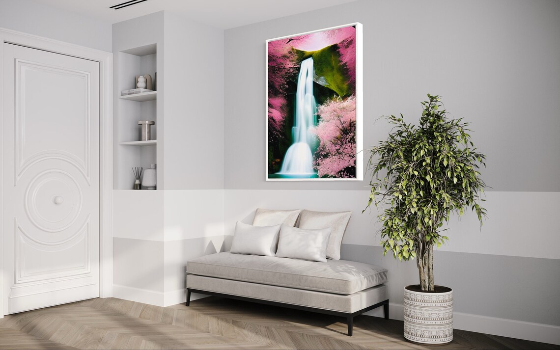 Cherry Blossom Waterfall Landscape Poster in Pink Spring Colors - Image 3