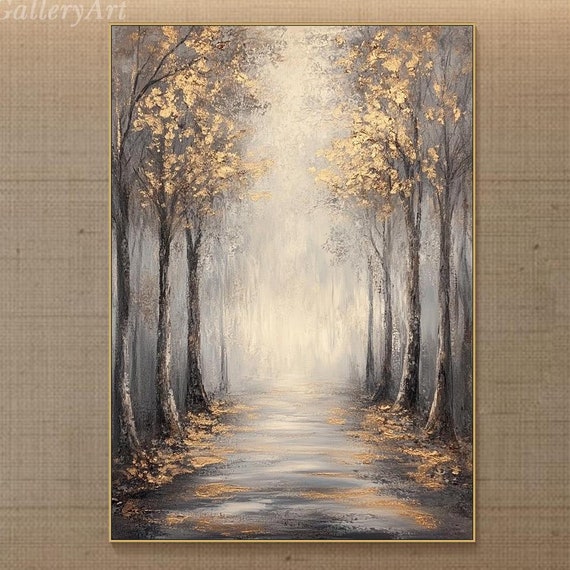 3d Trees Textured Wall Art Oil Painting On Original Golden Forest Painting Extra Large Art Living Room Wall Art Gold Foil Art