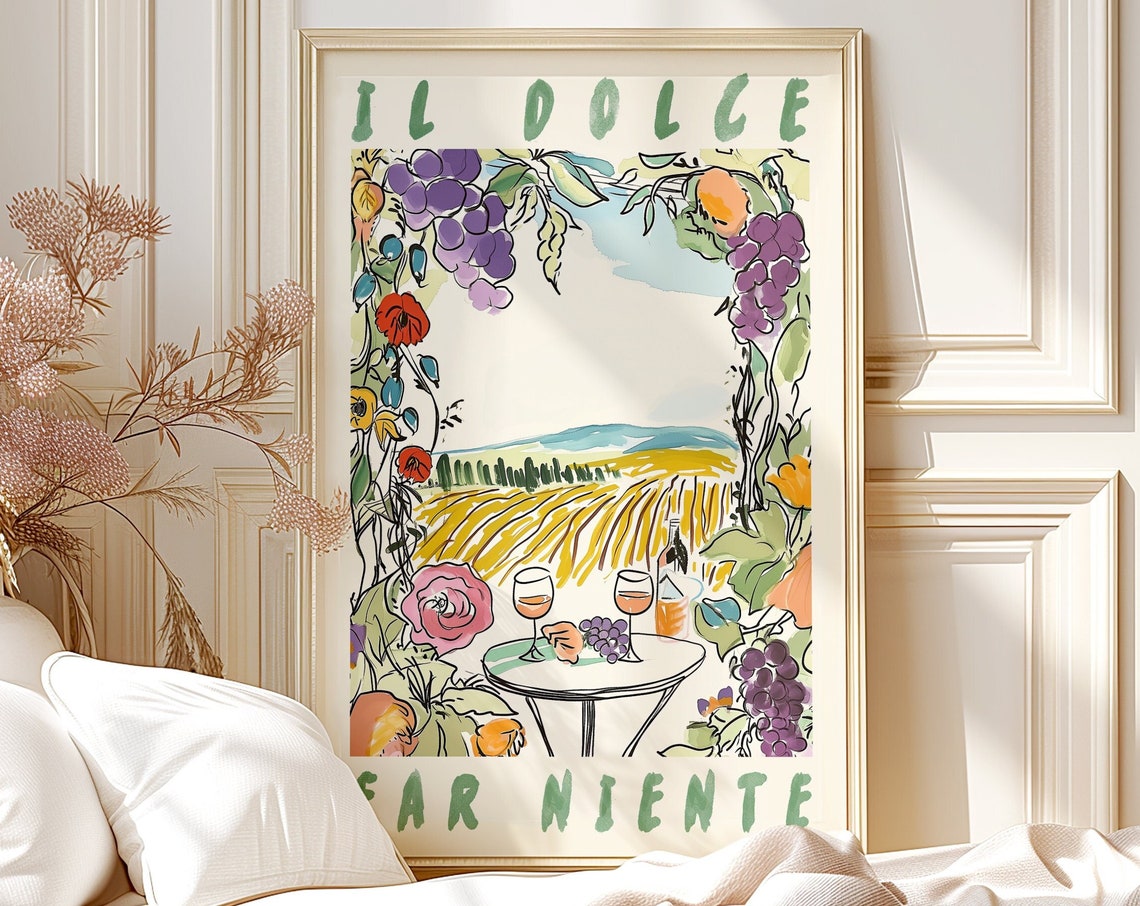 Il Dolce Far Niente Tuscany Vineyard and Wine Glasses Scene Wall Art