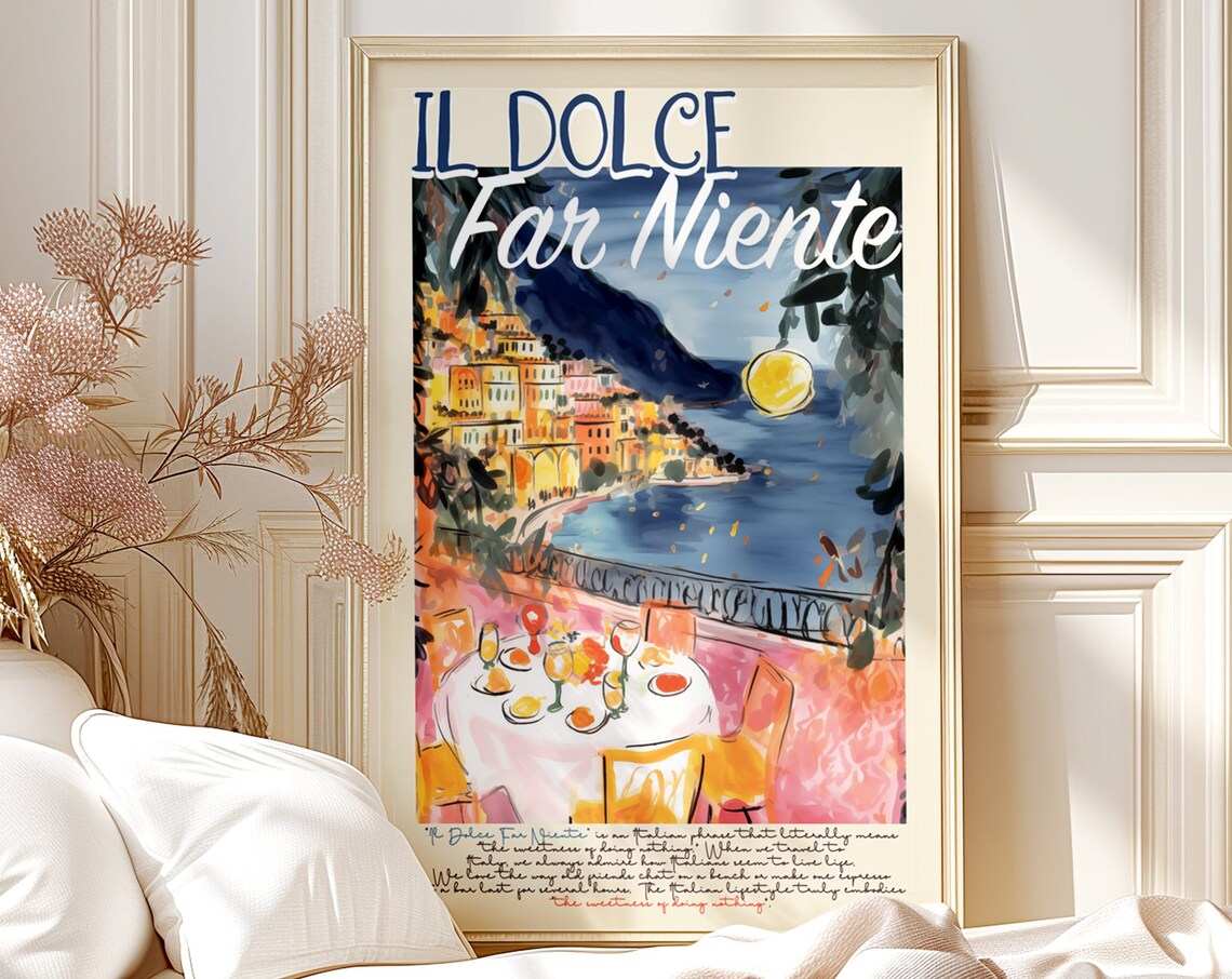 Il Dolce Far Niente Italy Night Amalfi Coast Watercolor Poster