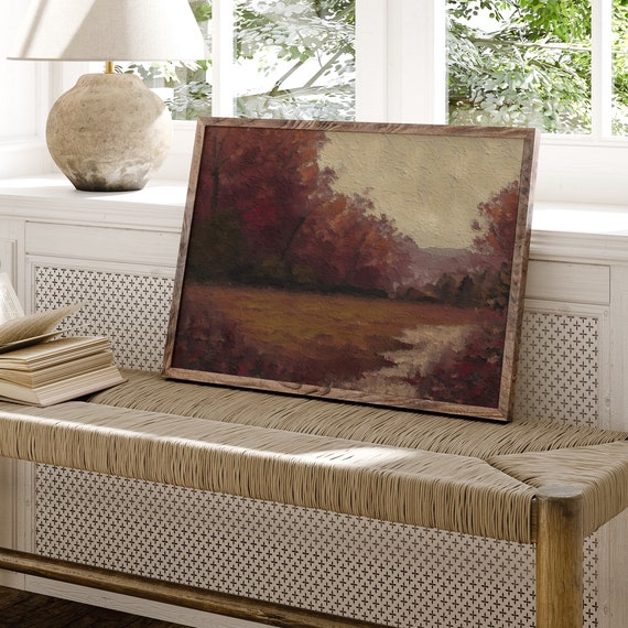 Dark Moody Fall Landscape Art Print Burgundy Autumn Decor