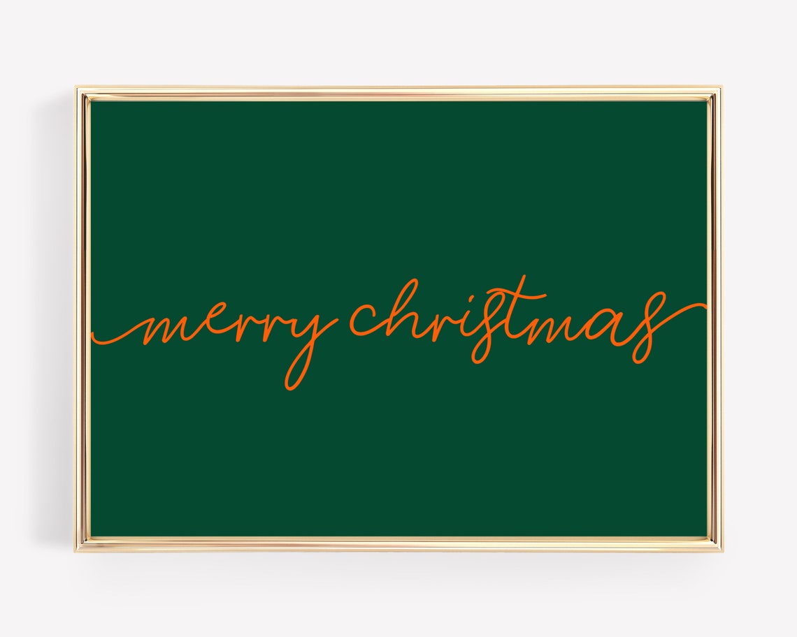 Merry Christmas Flowing Orange Red Script Deep Green Holiday Wall Art