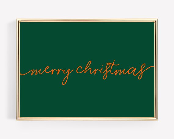 Merry Christmas Flowing Orange Red Script Deep Green Holiday Wall Art