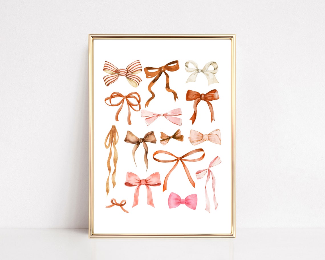 Pink Coral Watercolor Bows Balletcore Coquette Room Wall Art