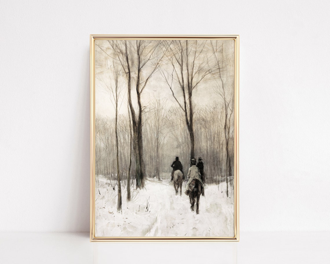 Horseback Riders Crossing Snowy Woods Vintage Winter Art Print
