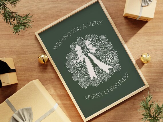 White Line Wreath Wishing You a Very Merry Christmas Holiday Poster