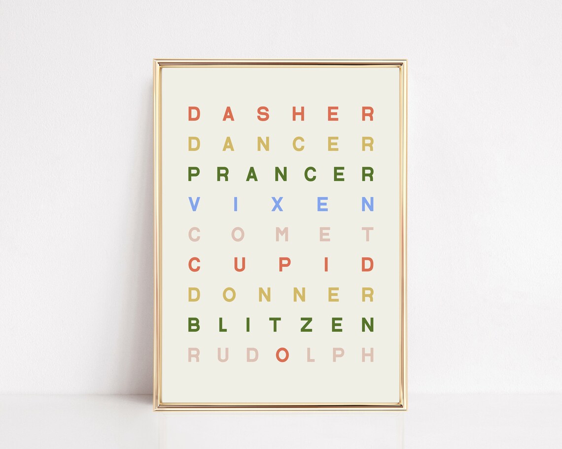 Reindeer Names Boho Christmas Print, Holiday Decor