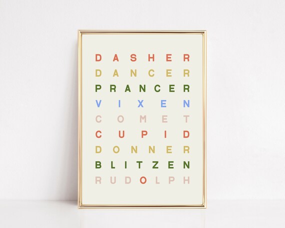 Reindeer Names Boho Christmas Print, Holiday Decor