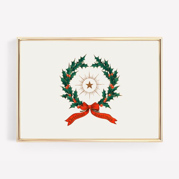 Vintage Holly Wreath Christmas Greetings Illustration Art Print