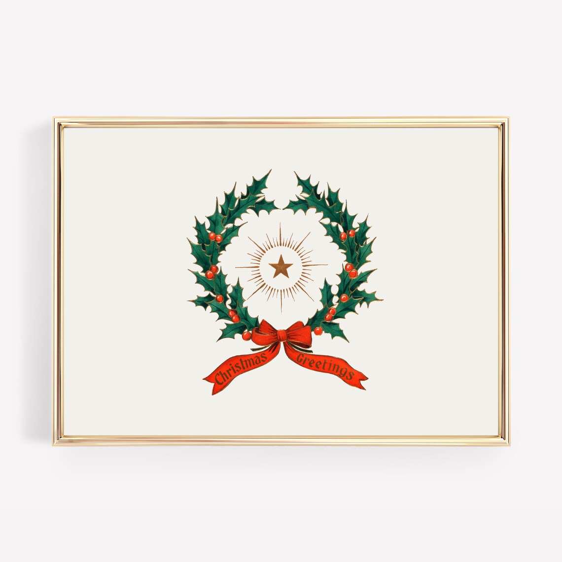 Vintage Holly Wreath Christmas Greetings Illustration Art Print